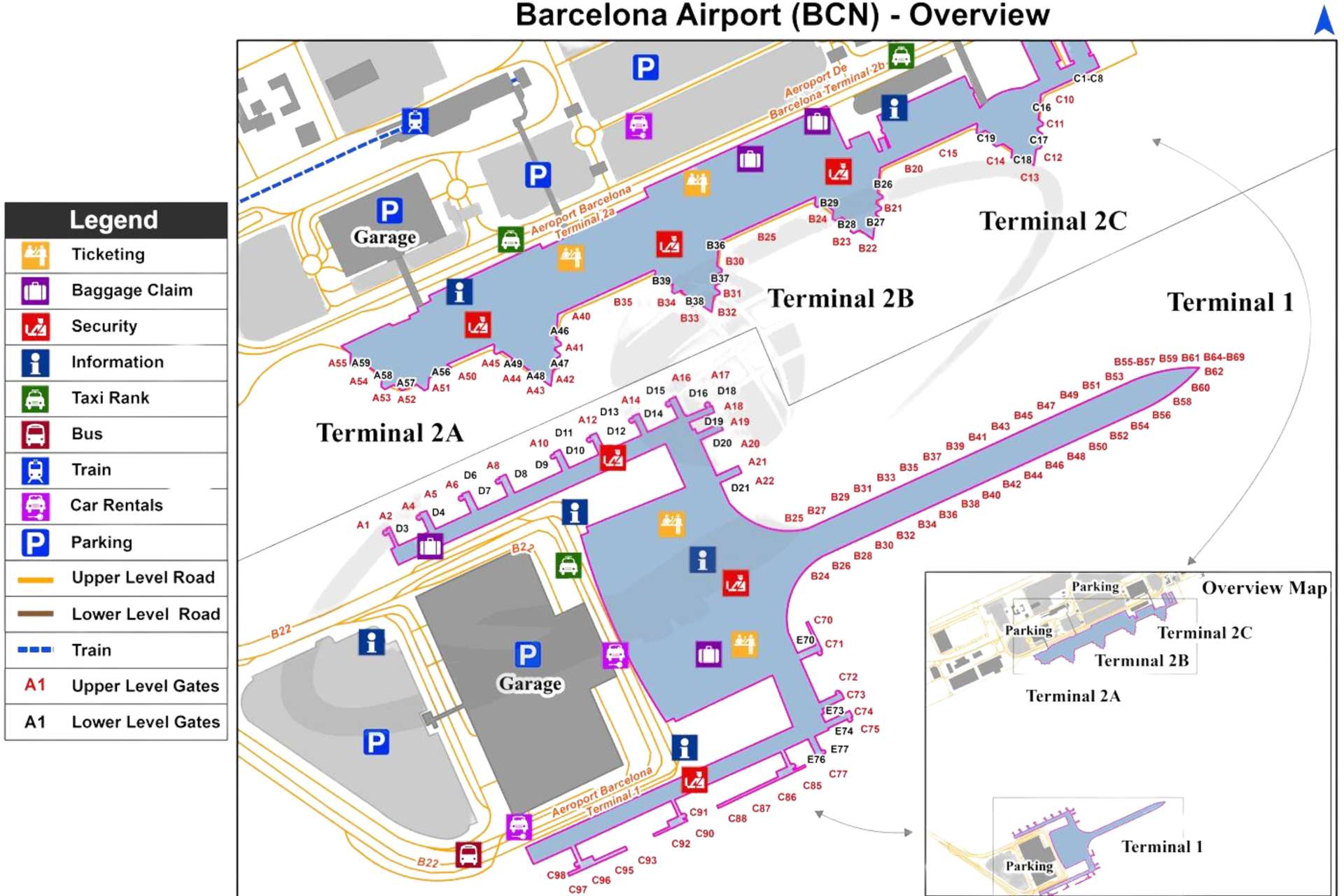 Sơ đồ cấu trúc 2 nhà ga của sân bay Barcelona