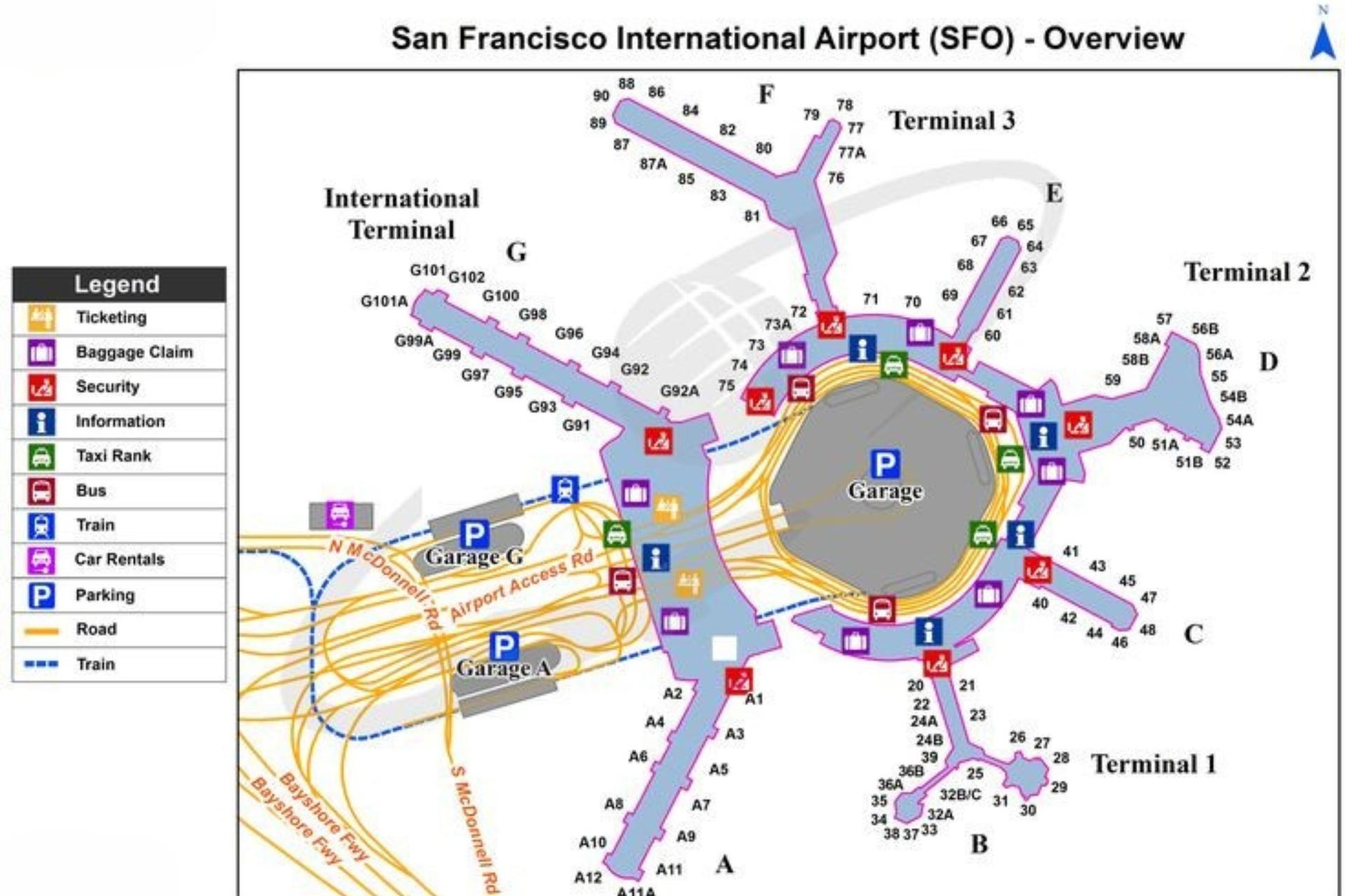 Sơ đồ cấu trúc toàn bộ nhà ga của sân bay San Francisco