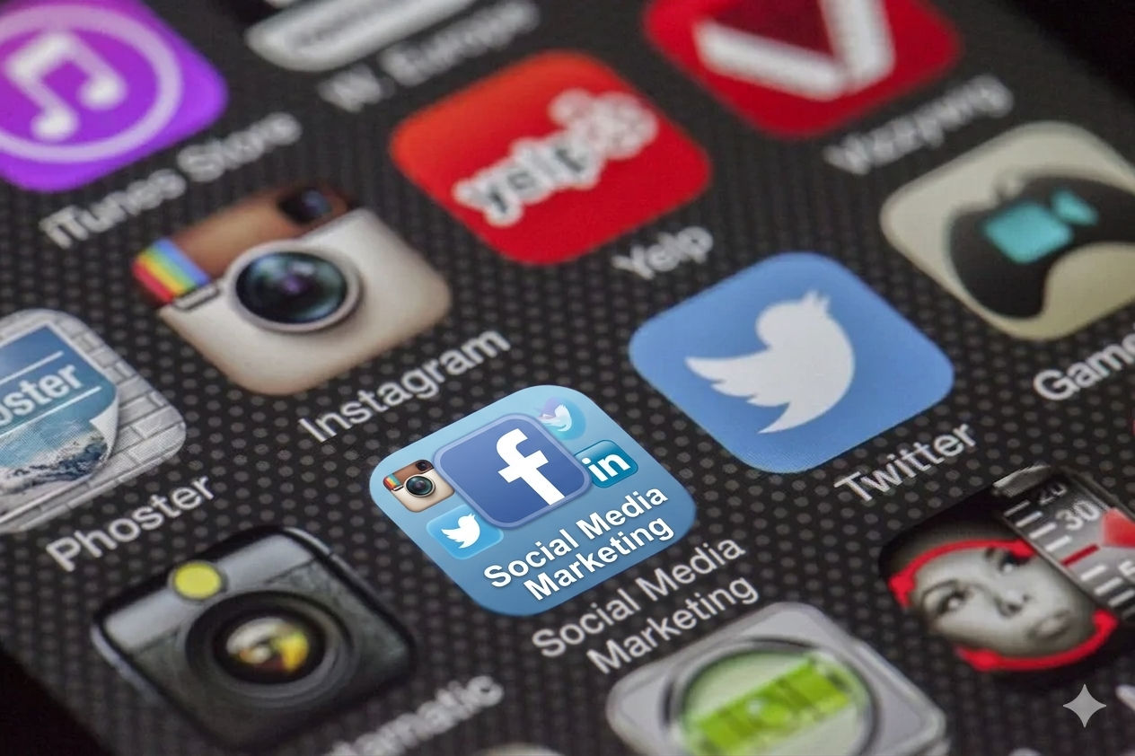 Close-up image of various social media app icons on a smartphone screen.