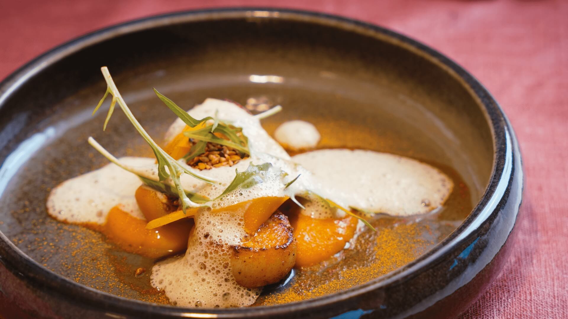To accompany the 2012 vintage of Clos des Goisses, Chef Arthur Leprovost suggests dived scallops with pickled and pureed pumpkin, hazelnut oil, toasted flaxseed and a coral and scallop emulsion.