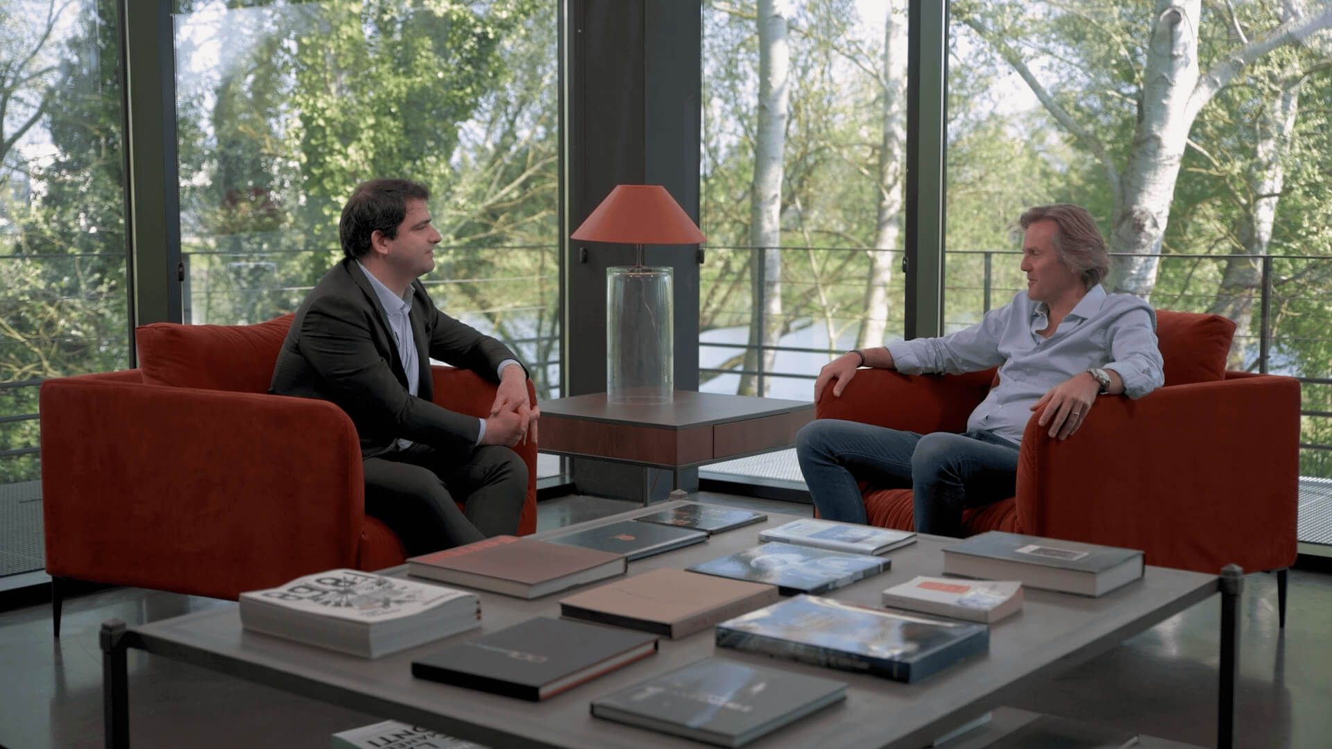 Two people in a modern room