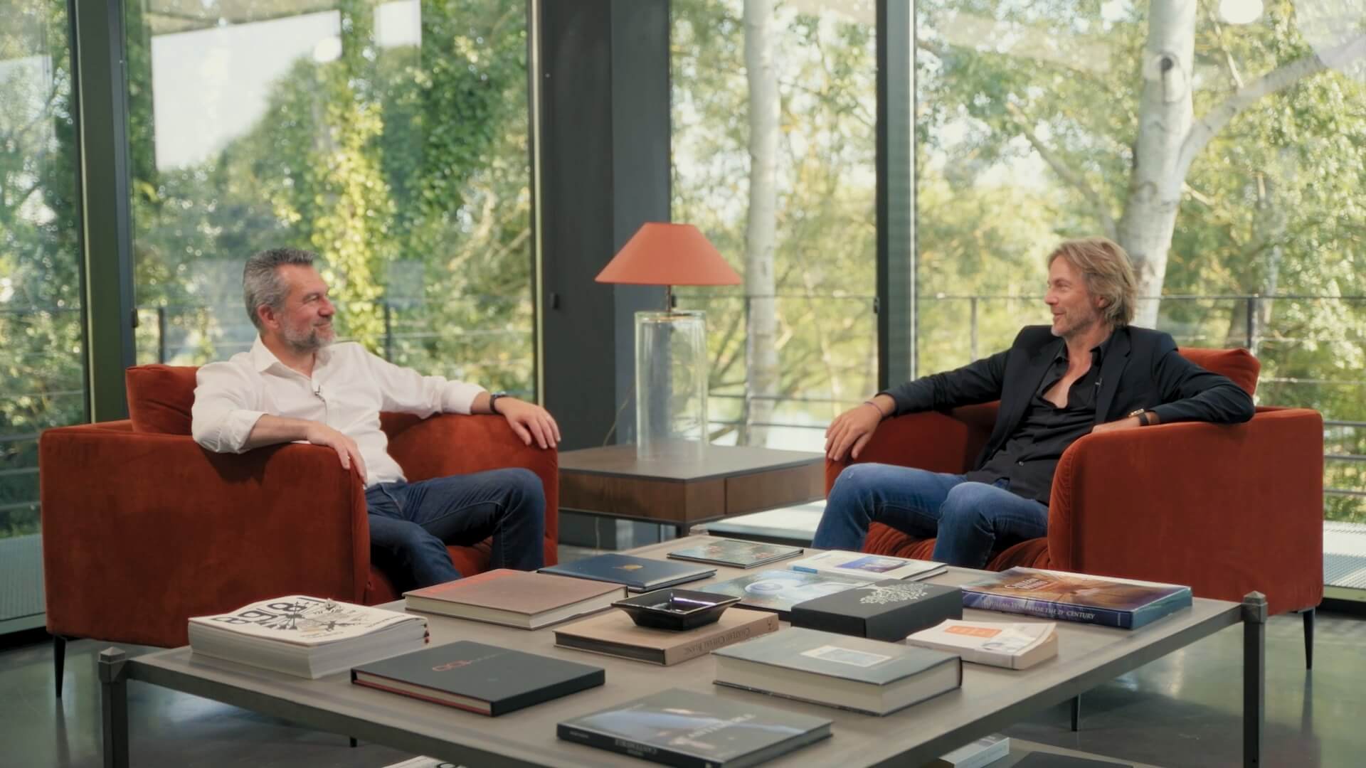 Two people in modern living room