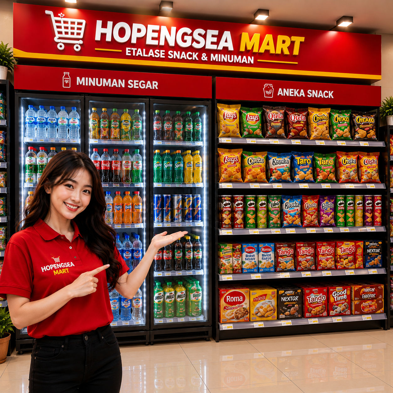 Etalase snack dan minuman di Hopengsea Mart