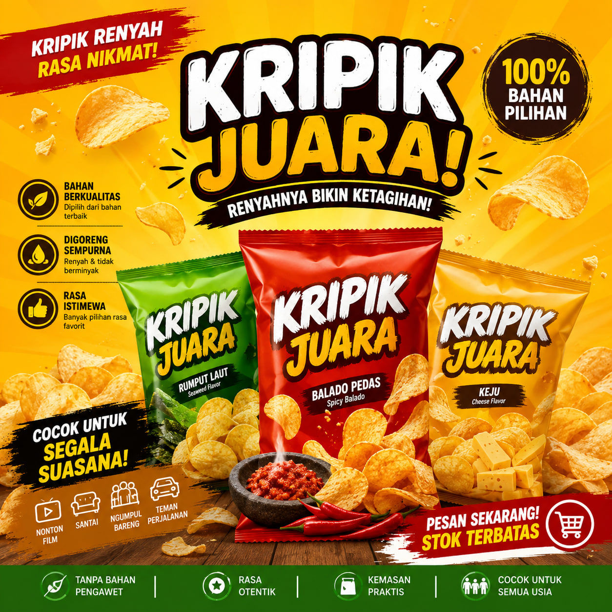 Kemasan Kripik Renyah dengan keripik di sekitarnya