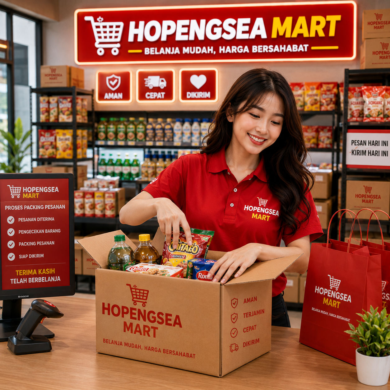 Proses packing pesanan belanja di Hopengsea Mart