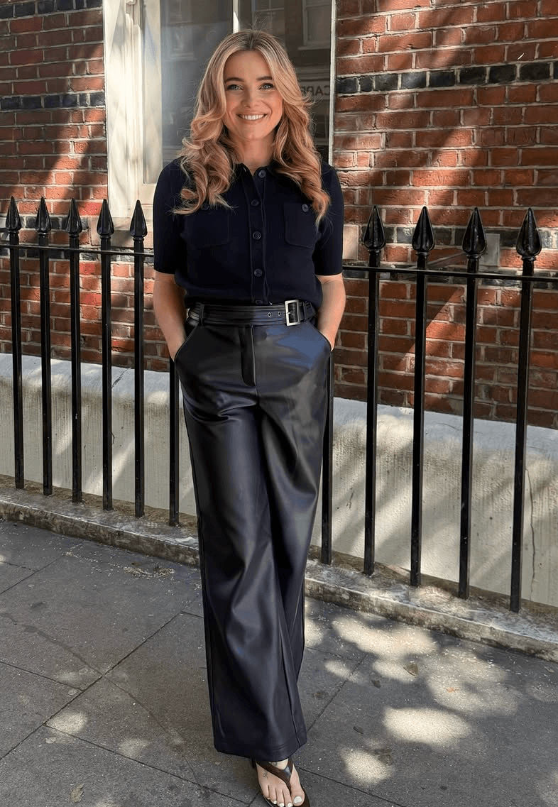 Sian Welby wearing Karen Millen faux leather wide-leg trousers on This Morning, styled by Rachel Hughes