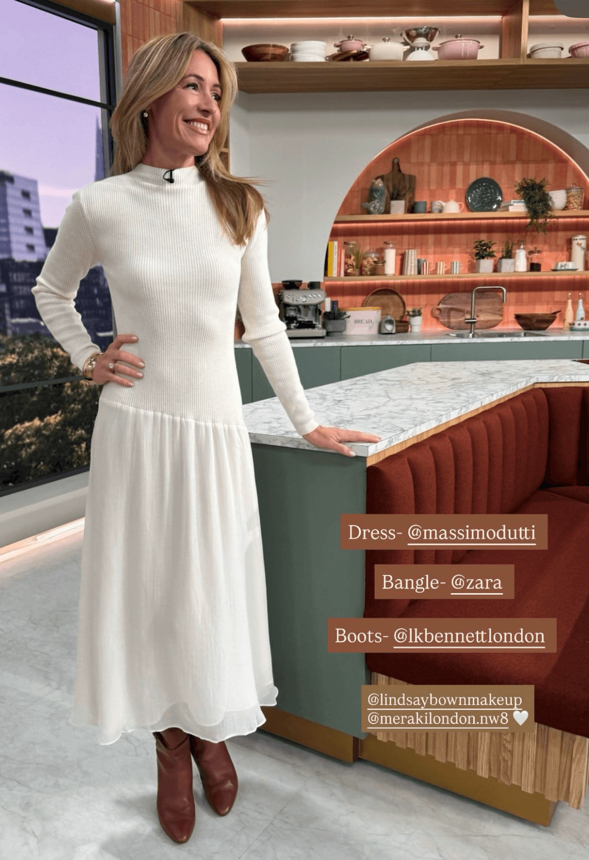 Cat Deeley presenting on This Morning in a cream Massimo Dutti long dress with a pleated skirt, knit top and high crew neck.