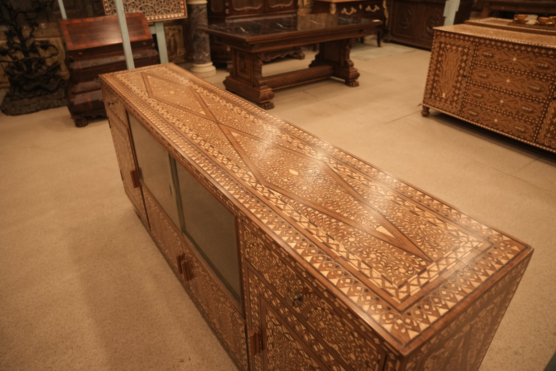 Handcrafted Indian bone inlay sideboard featuring delicate floral patterns, refined geometric detailing, and exceptional artisan craftsmanship.