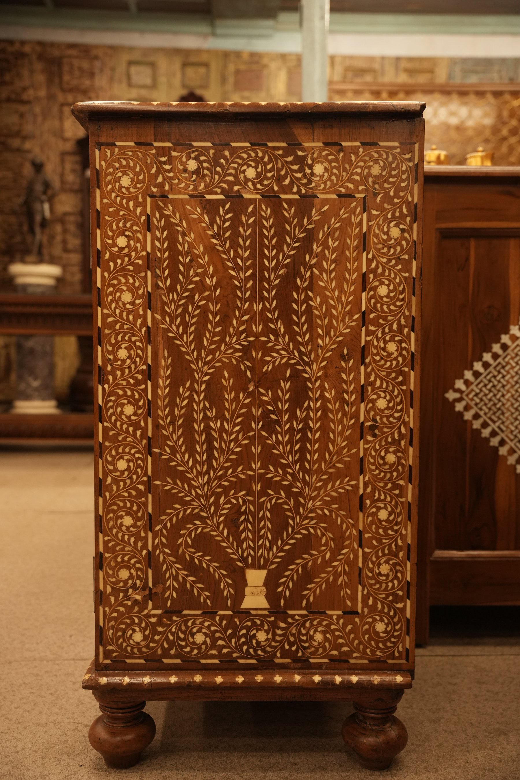 Handcrafted Indian bone inlay sideboard featuring delicate floral patterns, refined geometric detailing, and exceptional artisan craftsmanship.