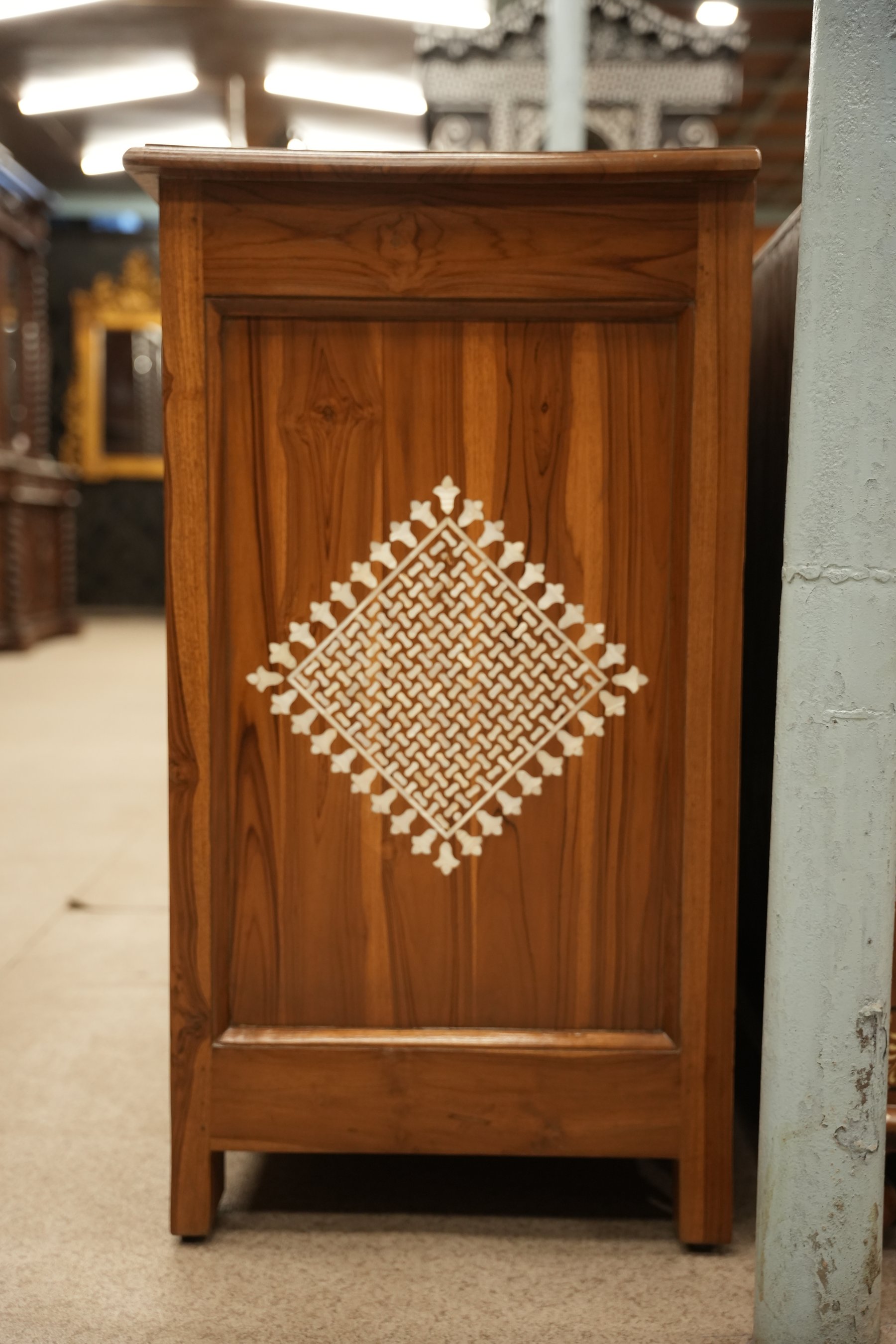 Handcrafted teakwood sideboard with intricate mother-of-pearl inlay inspired by Qutabi door artistry - a timeless piece of Indian elegance.