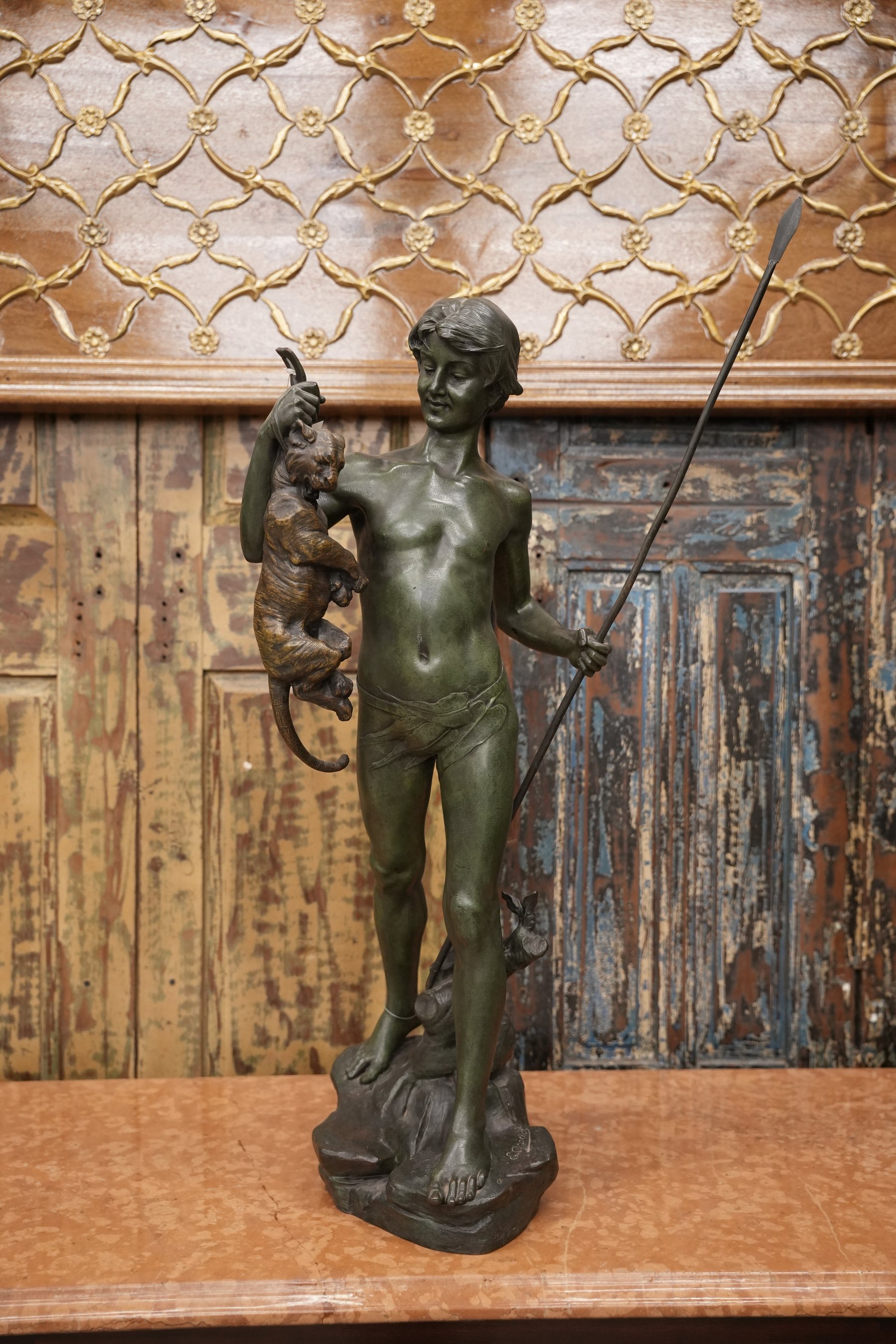 Youth And Wildcat Bronze Sculpture view 4