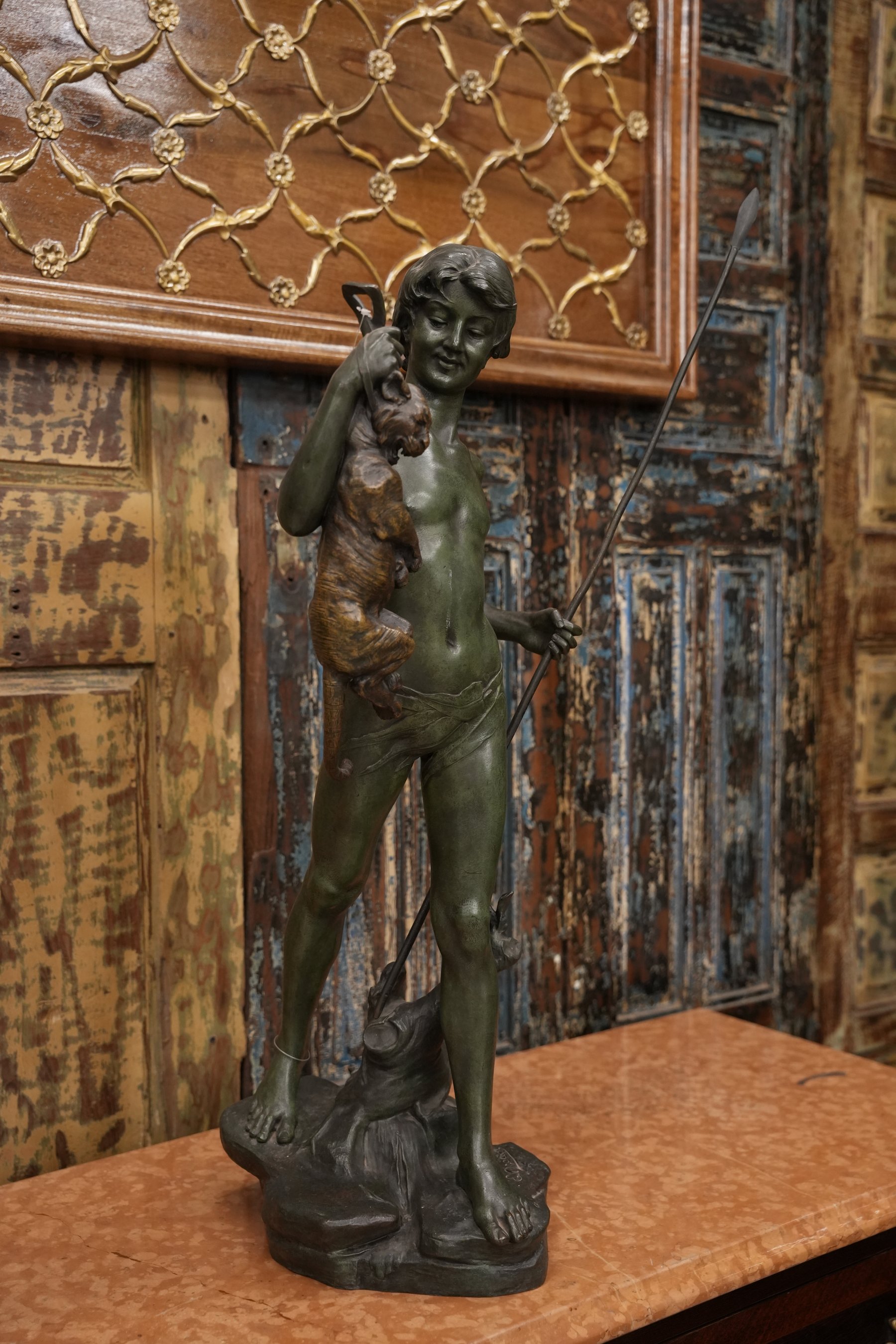 Youth And Wildcat Bronze Sculpture view 3