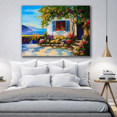 Vibrant Mediterranean Coastal Villa Canvas Art