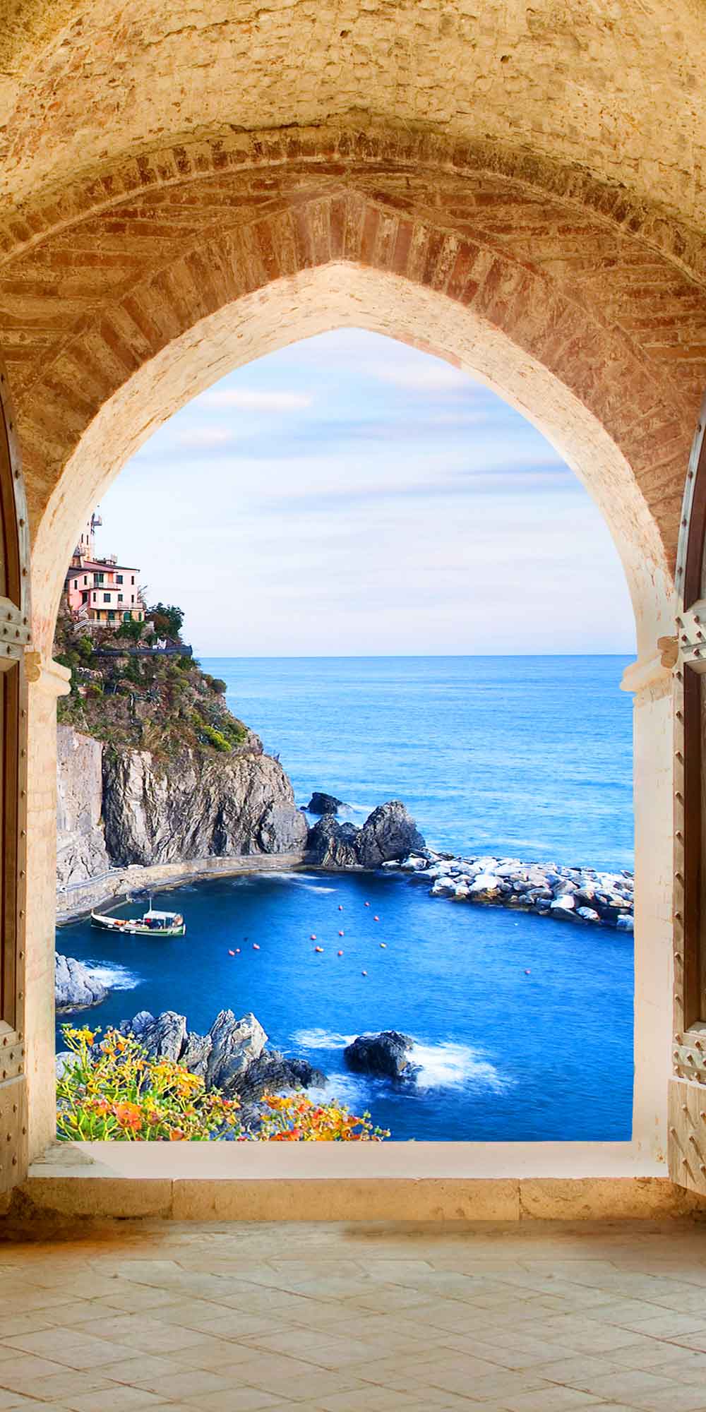 3D Enchanted Forest Stone Bridge Door Wallpaper close-up pattern texture