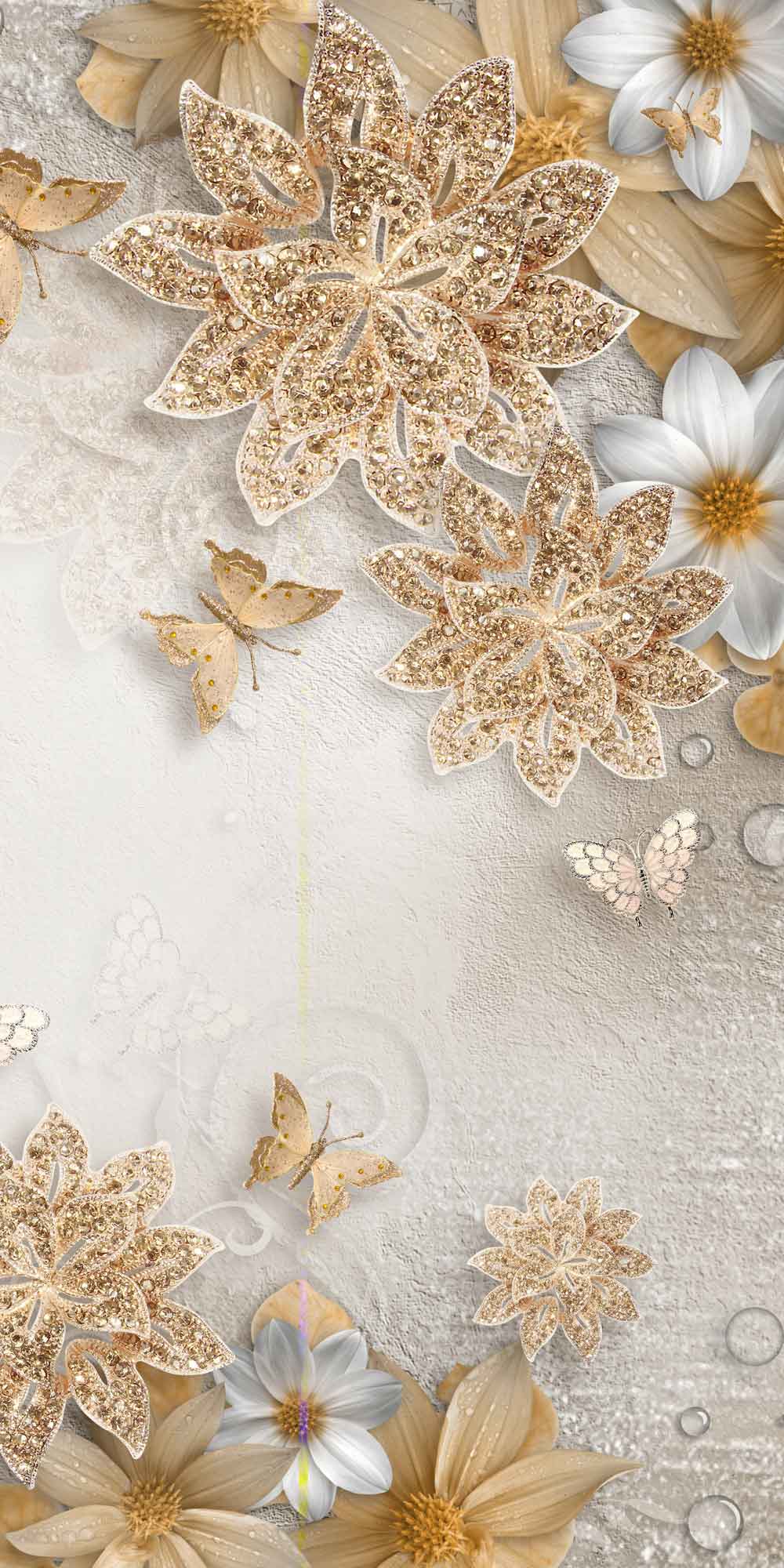 Golden Floral Butterfly Door Wallpaper close-up pattern texture