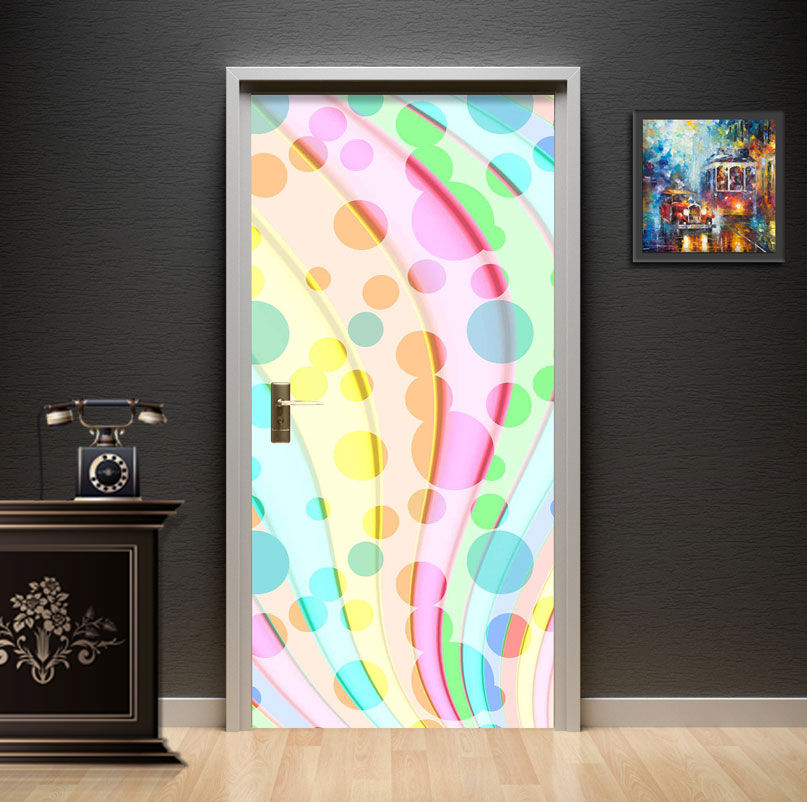 Pastel Abstract Circles & Waves Door Wallpaper installed on a bedroom door