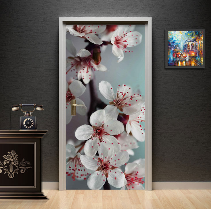 Cherry Blossom Door Wallpaper installed on a bedroom door