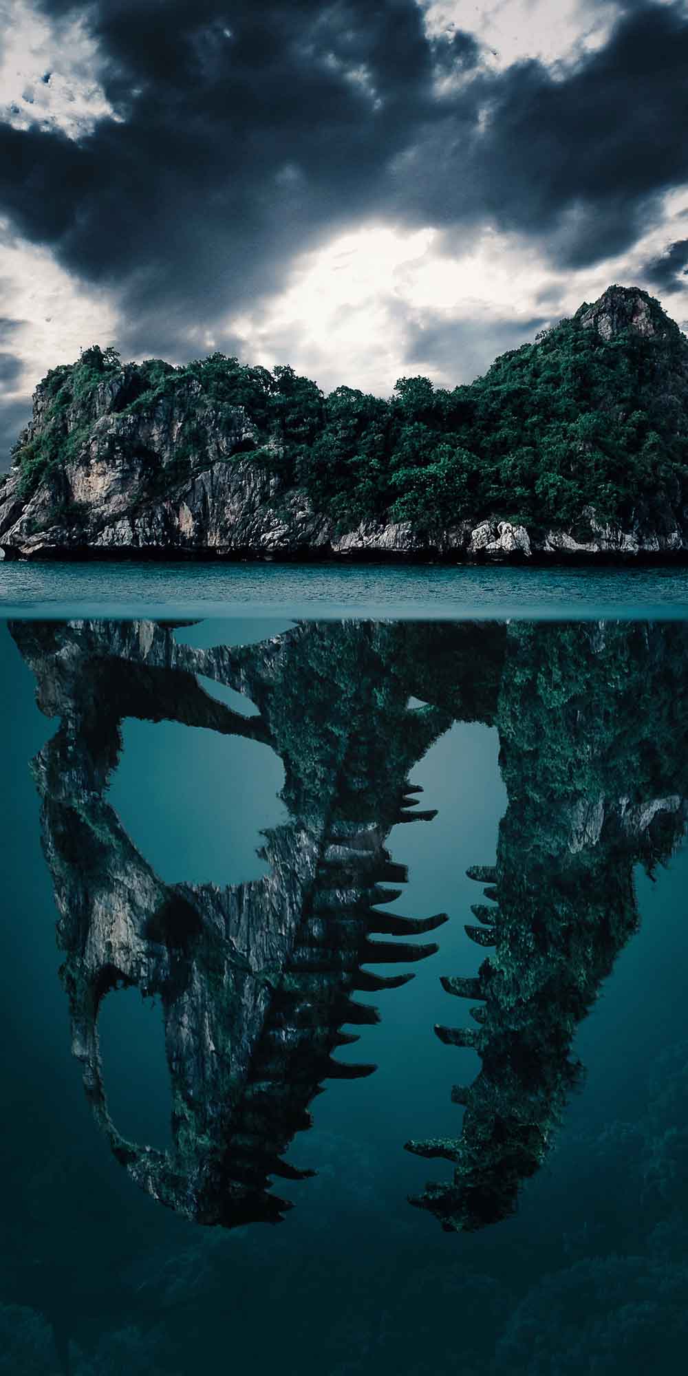 Mysterious Island Skull Reflection Dark Water Door Wallpaper close-up pattern texture