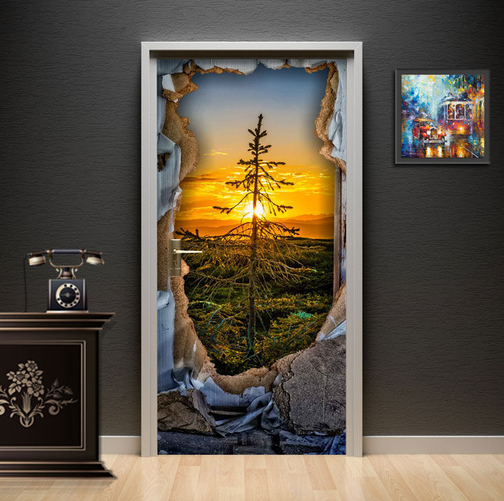 3D Cracked Wall Sunrise Pine Tree Door Wallpaper installed on a study door