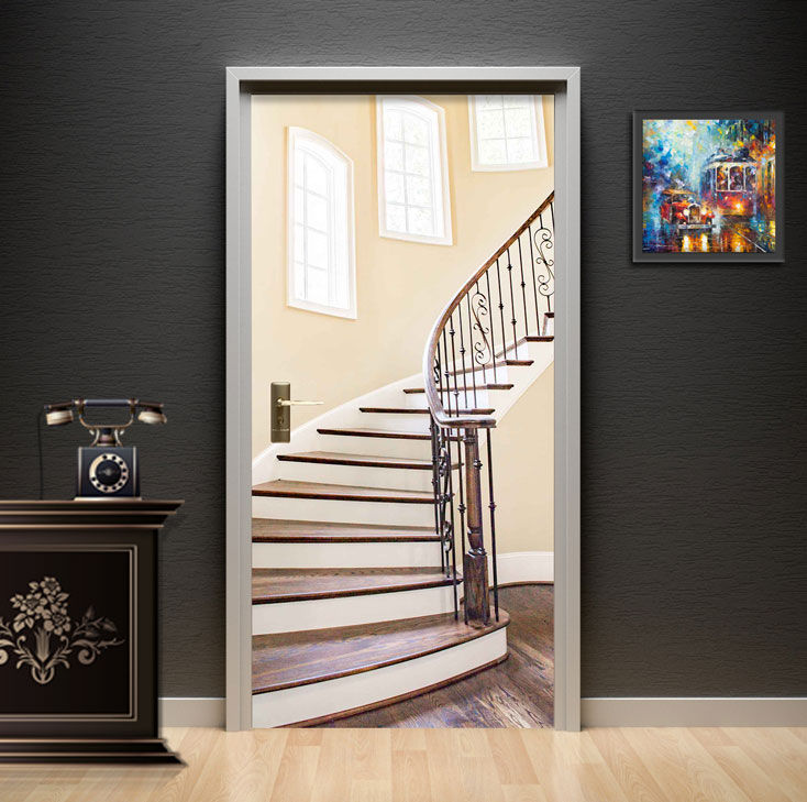 Rustic Farmhouse Barn Wood Plank Door Wallpaper installed on a living room door