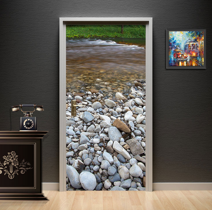 Rocky River Pebble Shore Flowing Water Door Wallpaper installed on a bathroom door