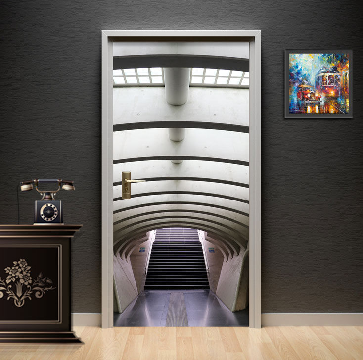 Modern Architectural Tunnel and Staircase Door Wallpaper installed on a study door