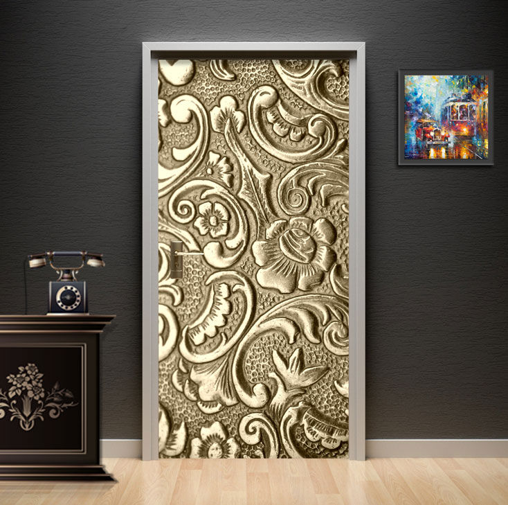 Gold Baroque Floral Embossed Texture Door Wallpaper installed on a main door