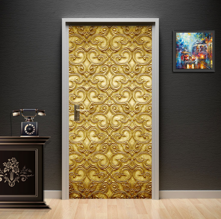 Golden Damask Ornamental Pattern Door Wallpaper installed on a main door