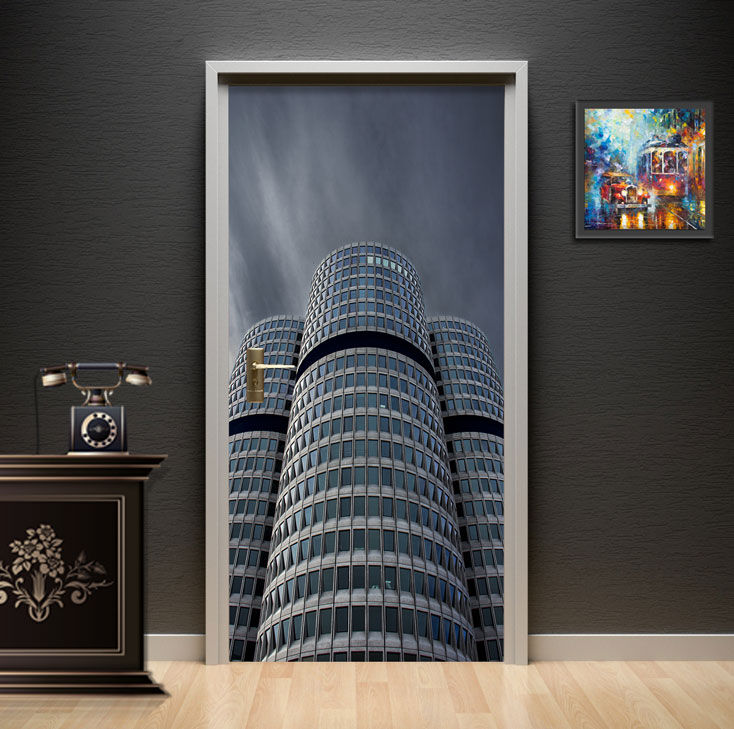 Modern Skyscraper Architecture Door Wallpaper installed on a study door