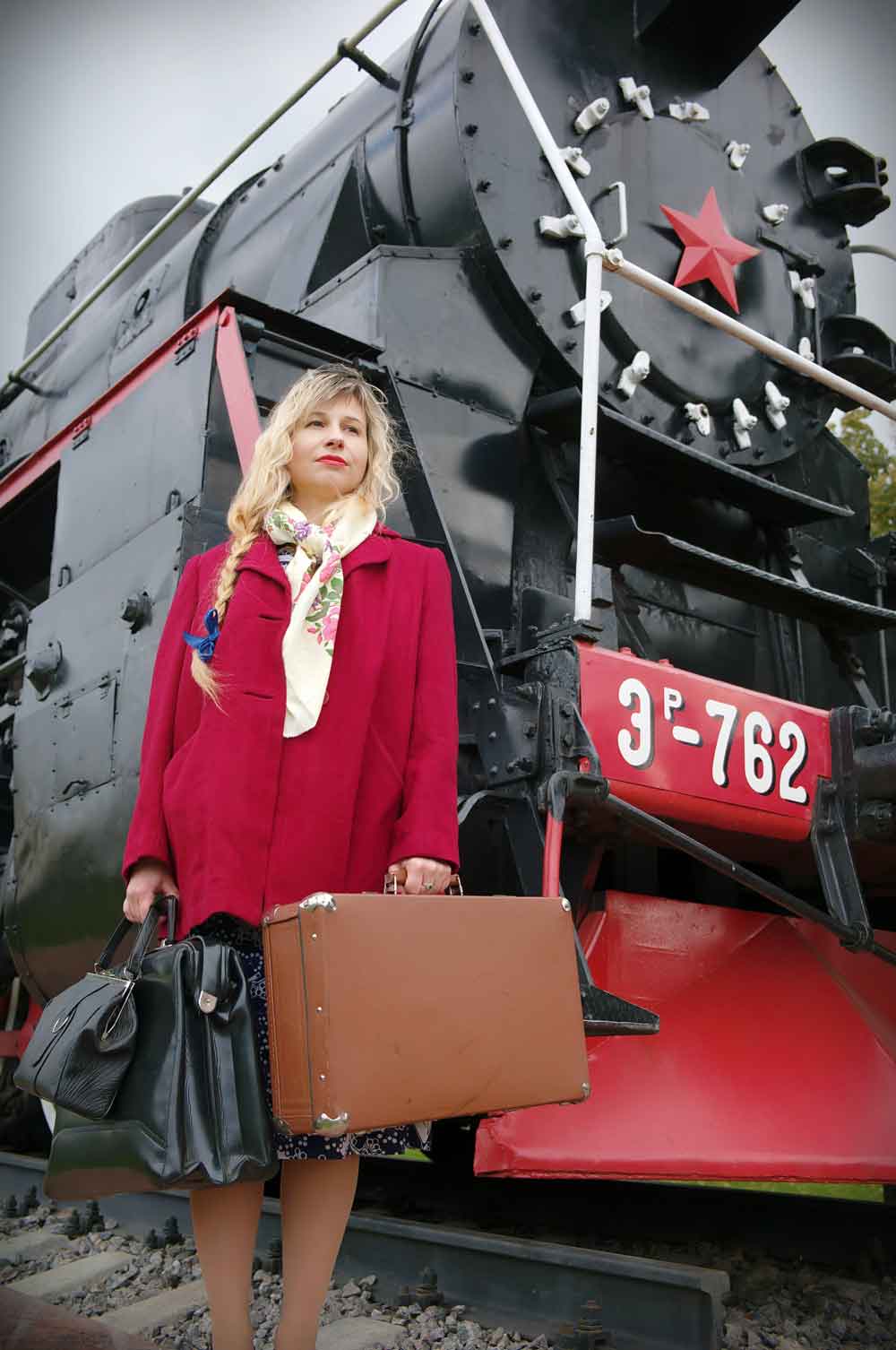 Vintage Traveller Woman Train Door Wallpaper close-up pattern texture