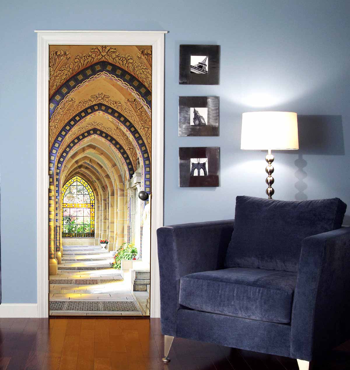 Gothic Cathedral Arch Door Wallpaper installed on a main door