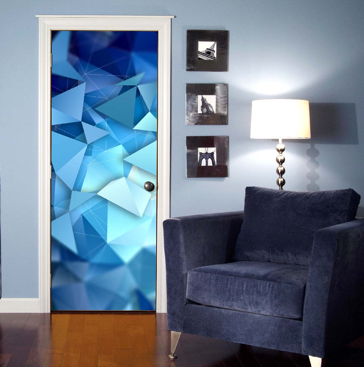 Blue Geometric Abstract Door Wallpaper installed on a study door