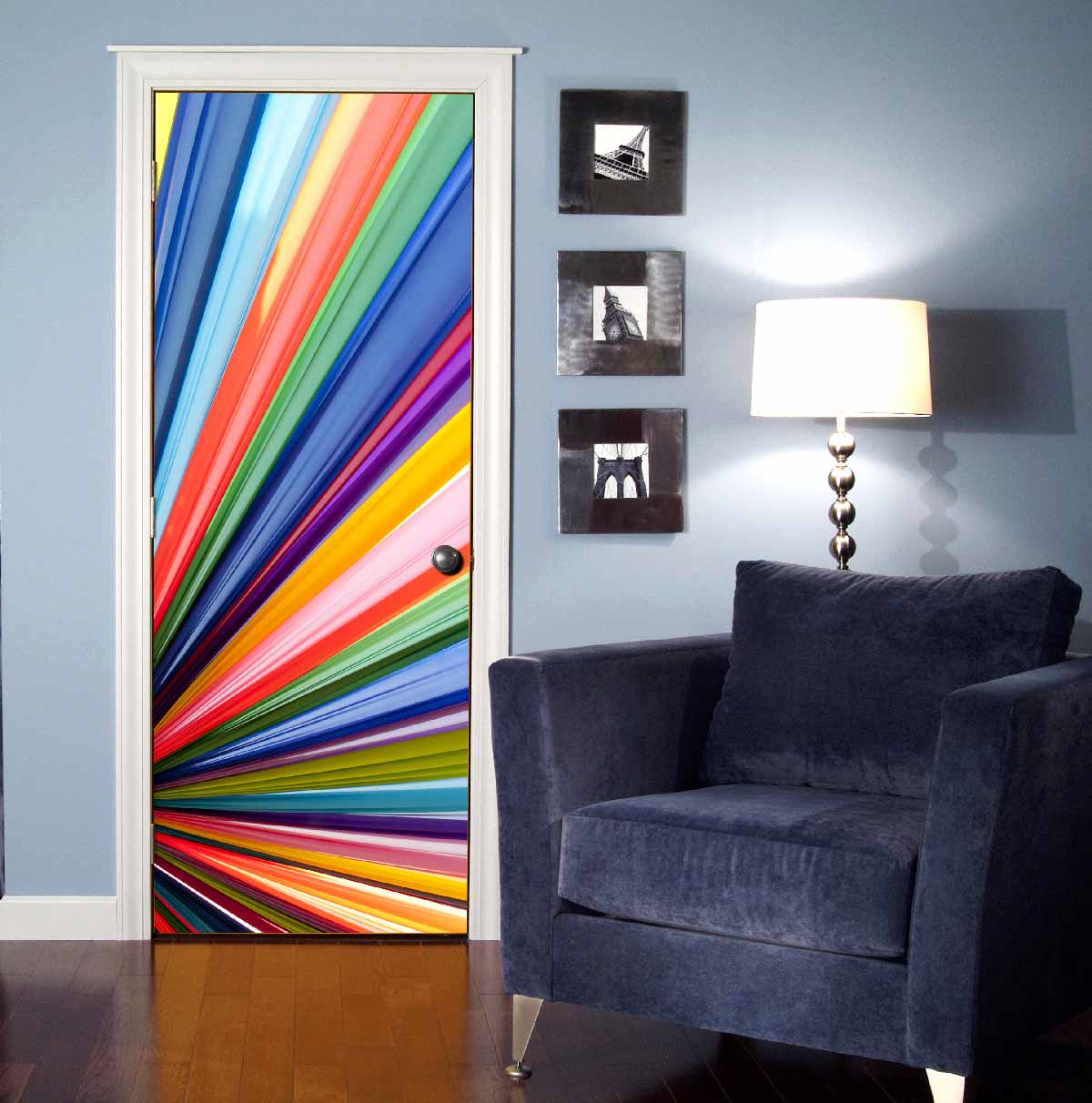 Rainbow Fabric Stripe Door Wallpaper installed on a kids' room door