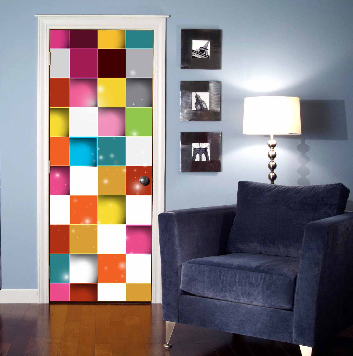 Colourful Mosaic Squares Door Wallpaper installed on a kitchen door