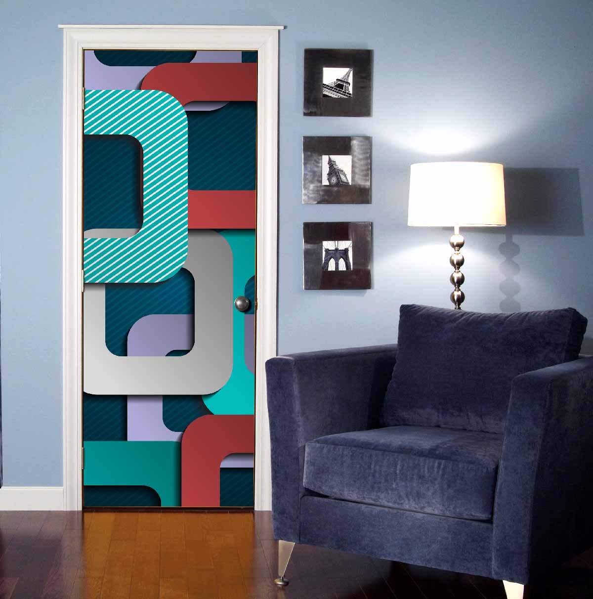 Retro Geometric Shapes Door Wallpaper | Teal Red Pop Art Rounded Squares Door Mural