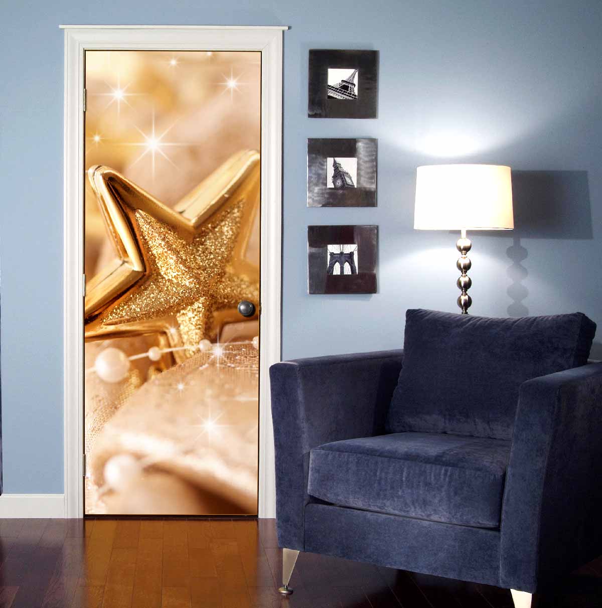 Gold Glitter Christmas Star Door Wallpaper | Festive Sparkling Star Bokeh Door Mural
