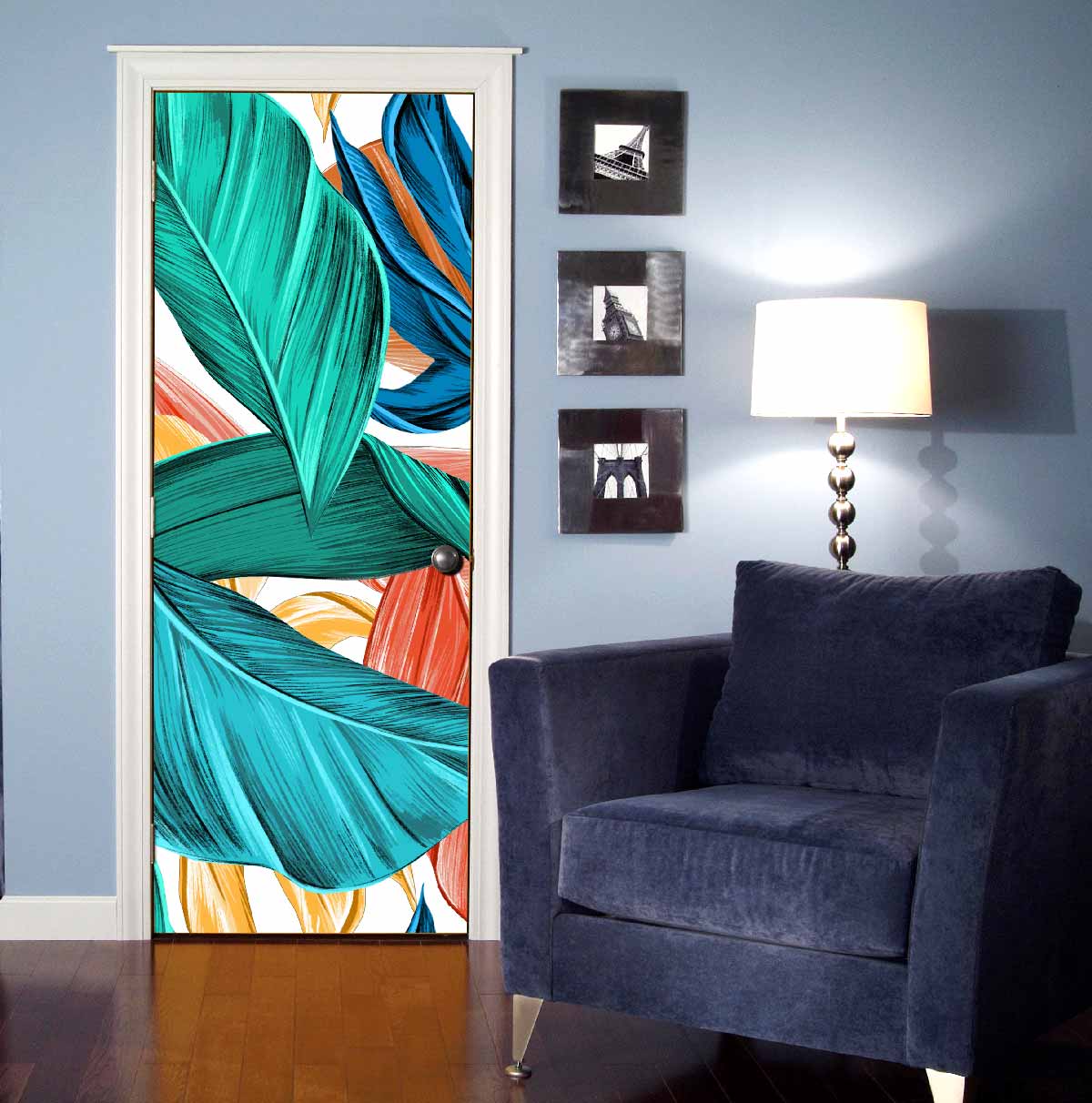 Tropical Leaf Illustration Door Wallpaper | Teal Banana Leaf Botanical Art Door Mural
