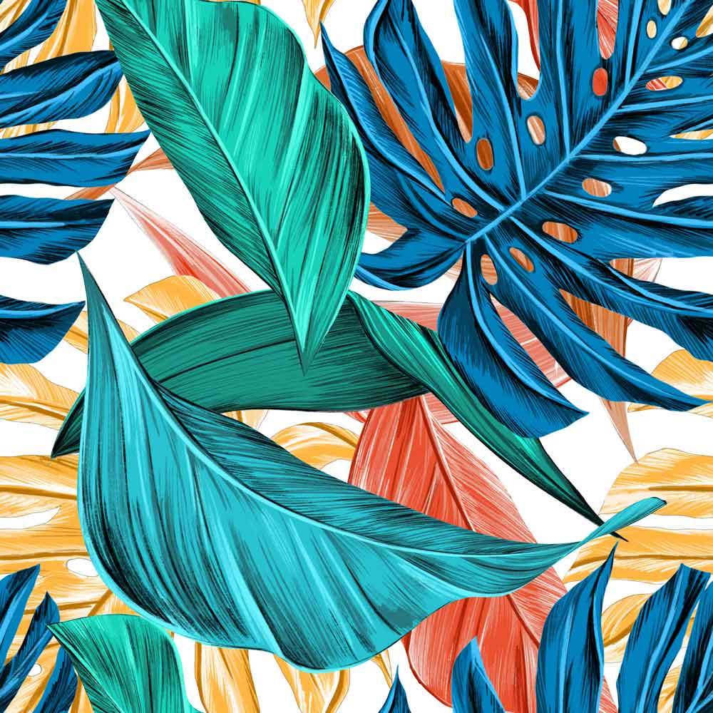 Close-up of the teal, coral and gold tropical leaf illustration print on the door sticker material