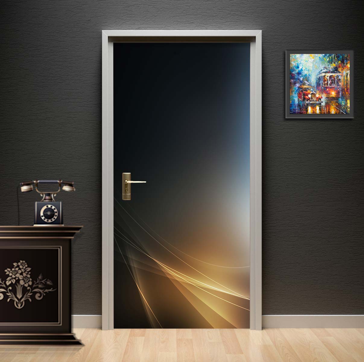 Black Gold Abstract Light Door Wallpaper | Luxury Dark Wave Glow Door Mural Sticker