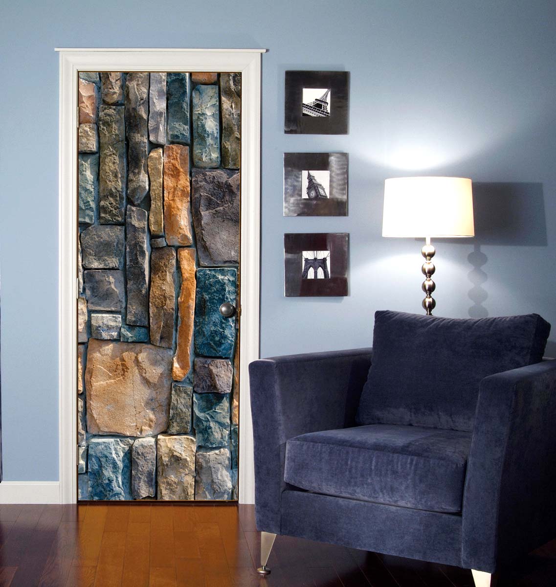 Natural Stone Wall Door Wallpaper | Blue Grey Rock Brick Texture Door Mural Sticker