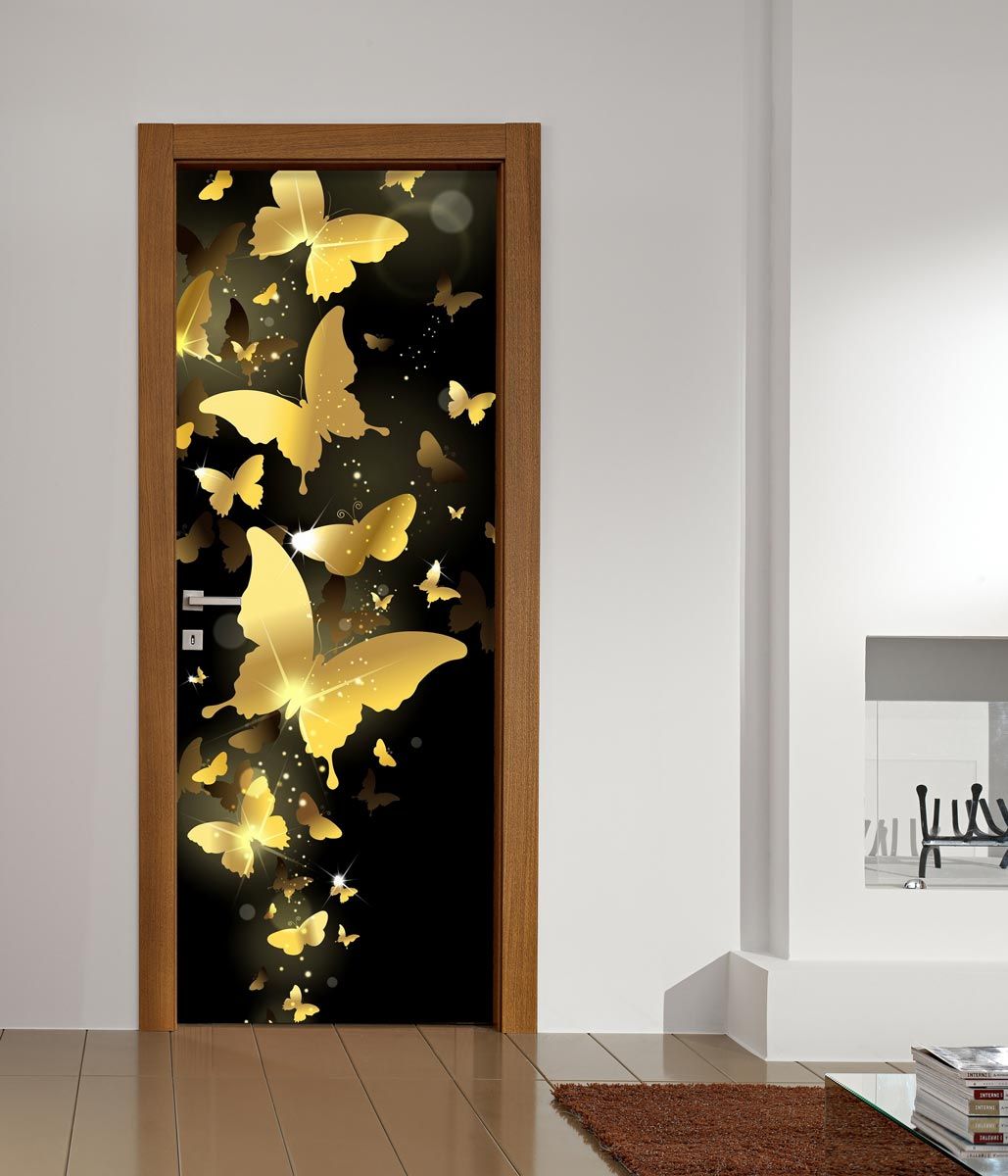 Gold Butterfly Door Wallpaper | Glowing Magical Dark Background Butterfly Door Mural