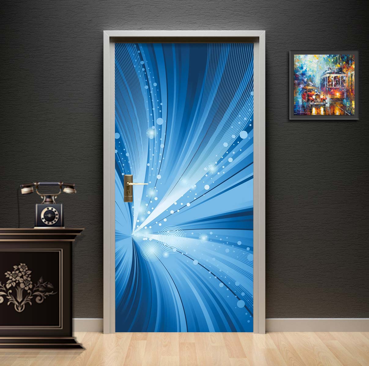 Blue Light Burst Door Wallpaper | Abstract Energy Radial Rays Door Mural Sticker