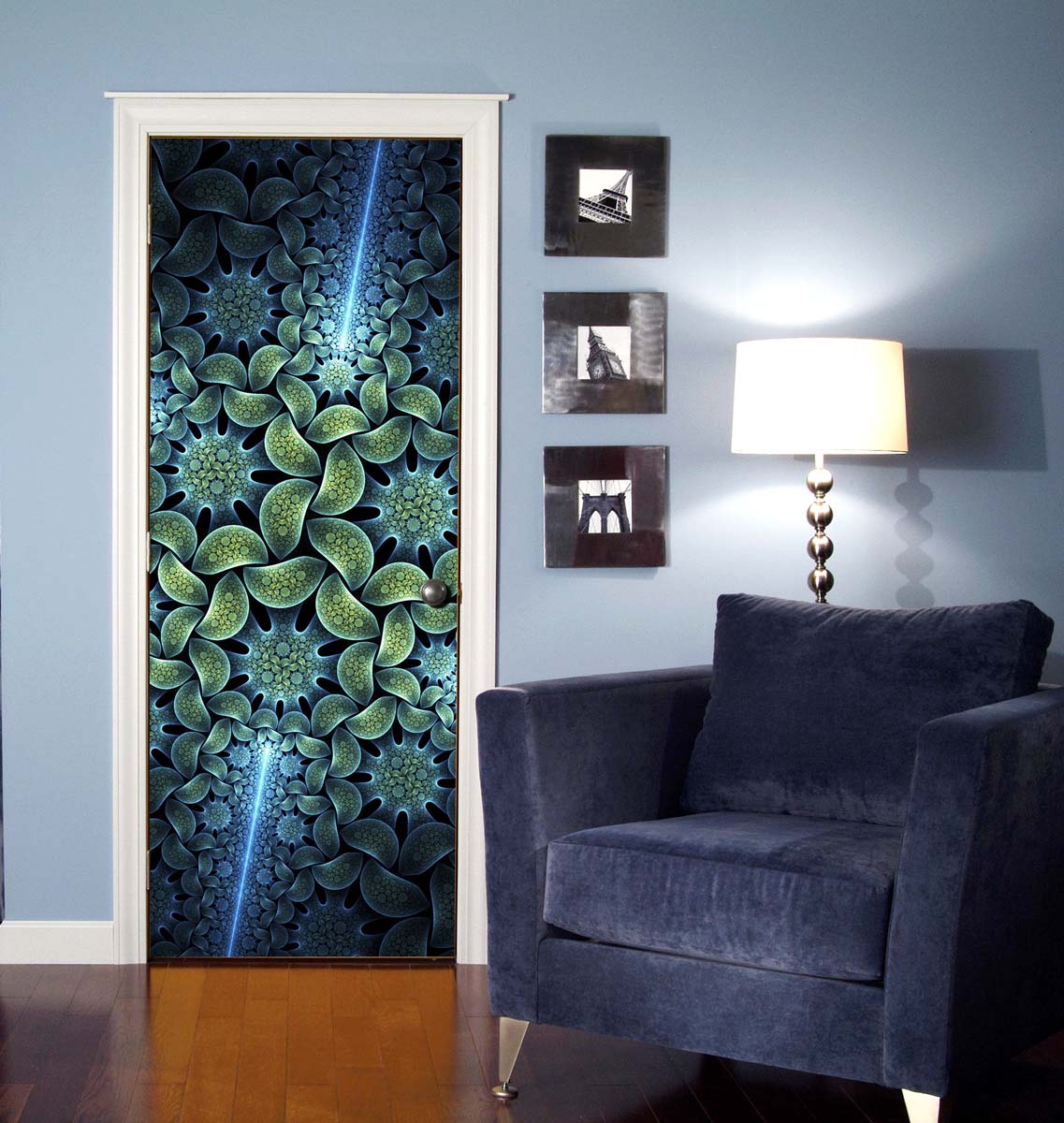 Teal Fractal Flower Door Wallpaper | Dark Mandala Pattern Glowing Door Mural Sticker