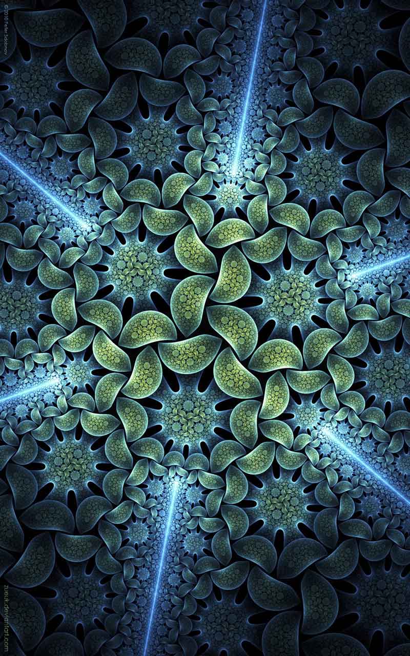 Close-up of the glowing teal mandala pattern detail on the fractal flower door sticker