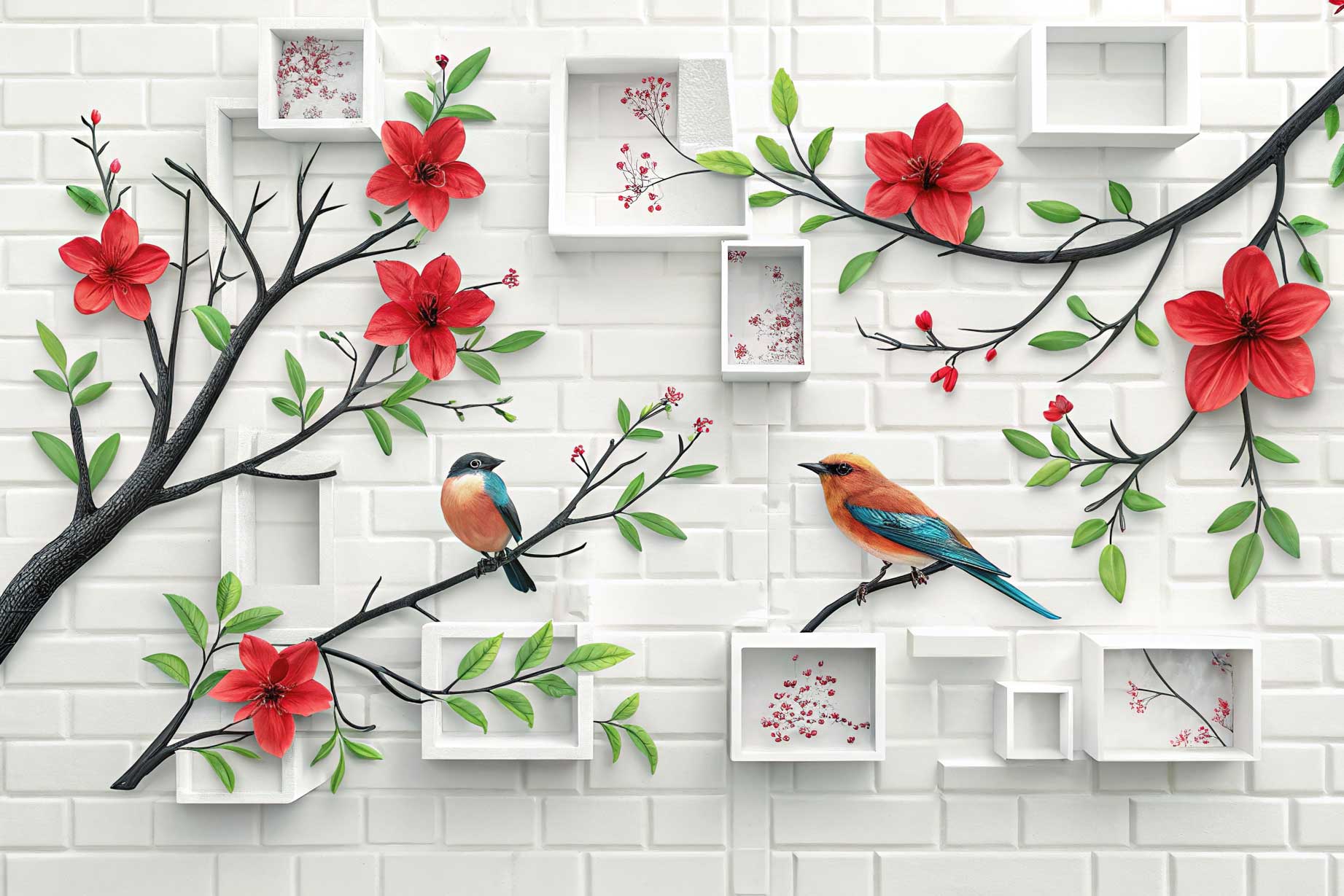 3D White Brick Branch Wall Mural with Red Blossoms, Floating Shelves & Songbirds — image 2 of 2