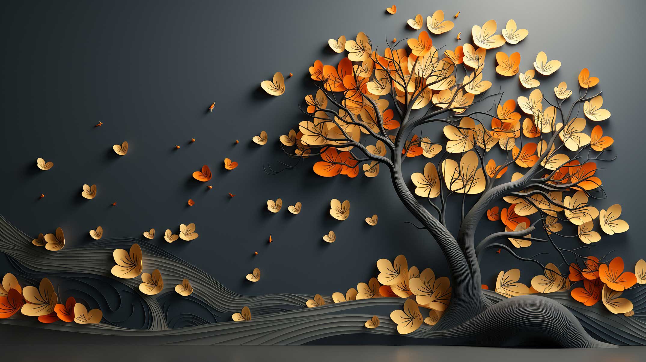 3D Modern Golden Leaf Papercraft Bonsai Tree Wall Mural on Charcoal Canvas — image 2 of 2