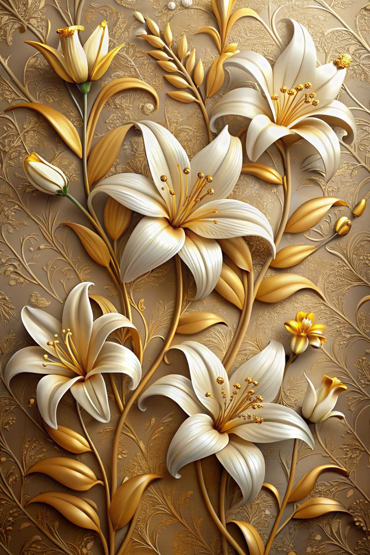 3D Golden Royal Lily Wall Mural Wallpaper with Embossed Damask Relief — image 2 of 2