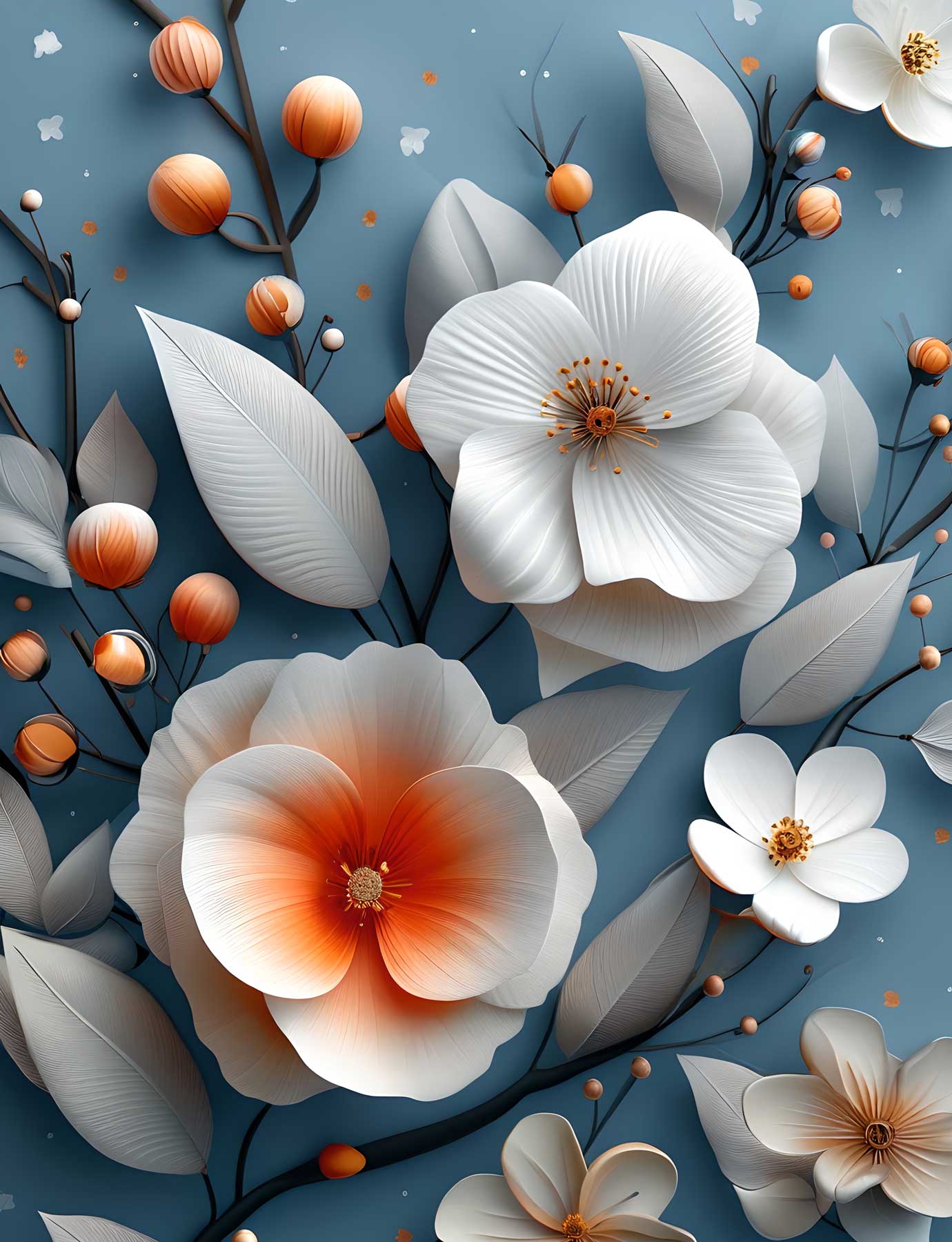 3D White Blossom & Amber Berry Botanical Wall Mural on Slate Blue — image 2 of 2