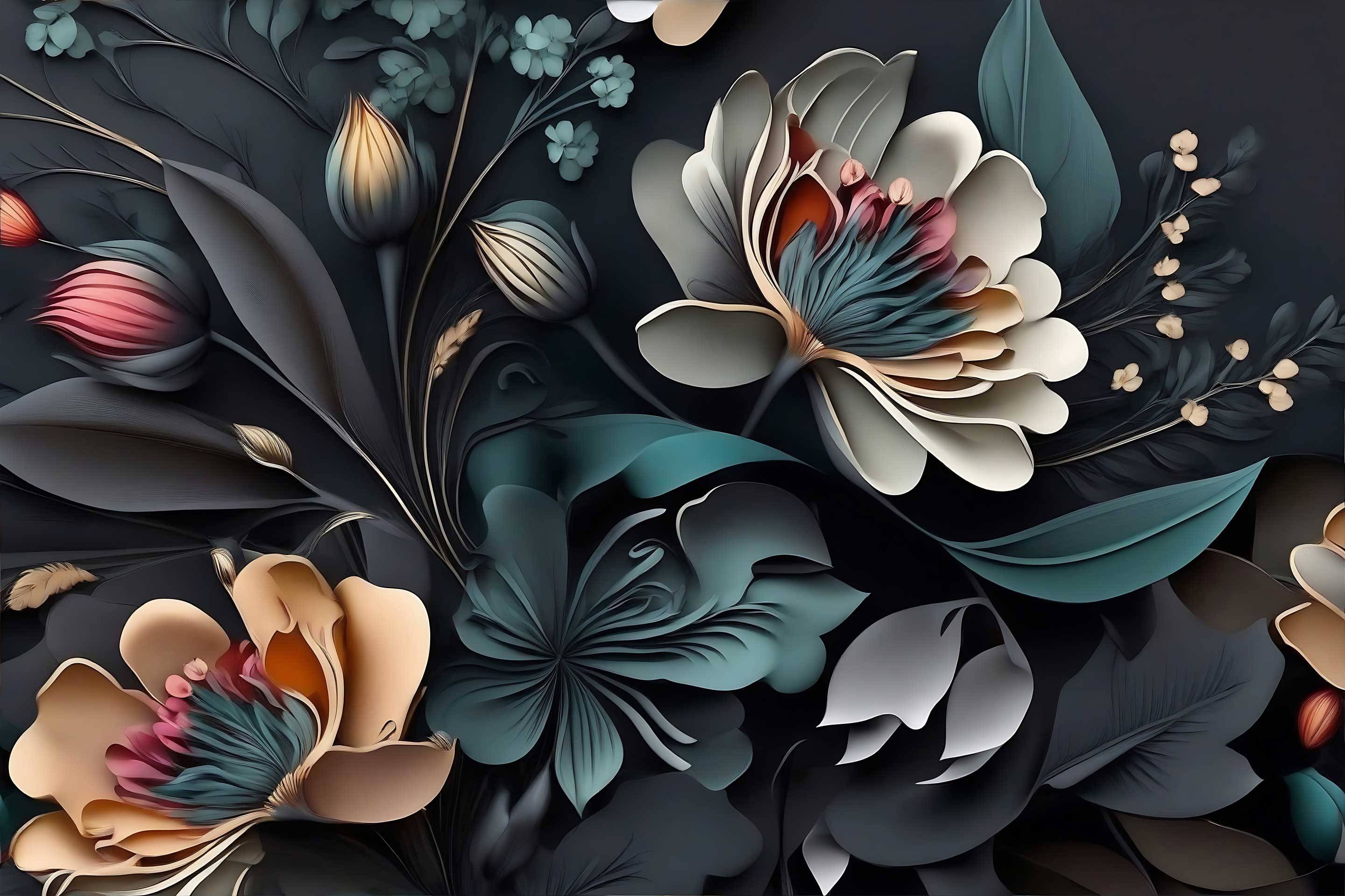 3D Dark Moody Floral Wall Mural with Sculpted Teal & Blush Peonies — image 2 of 2
