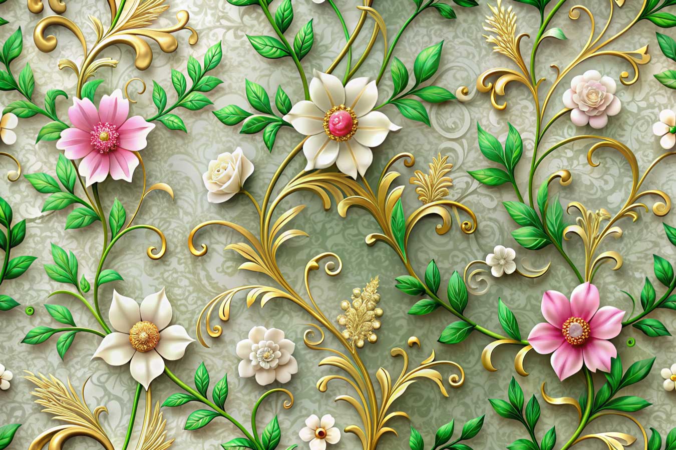 3D Victorian Golden Filigree Floral Vines Wall Mural on Sage Damask — image 2 of 2